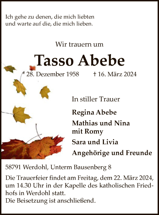 Todesanzeige von Tasso Abebe von WA