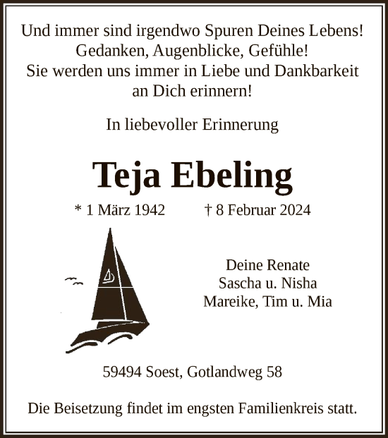 Todesanzeige von Teja Ebeling von WA