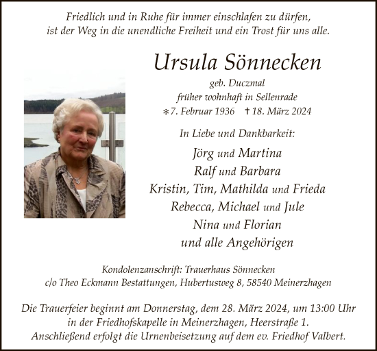 Todesanzeige von Ursula Sönnecken von WAWA