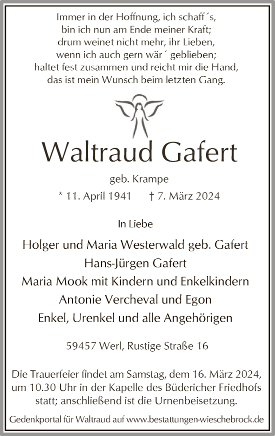 Todesanzeige von Waltraud Gafert von WA