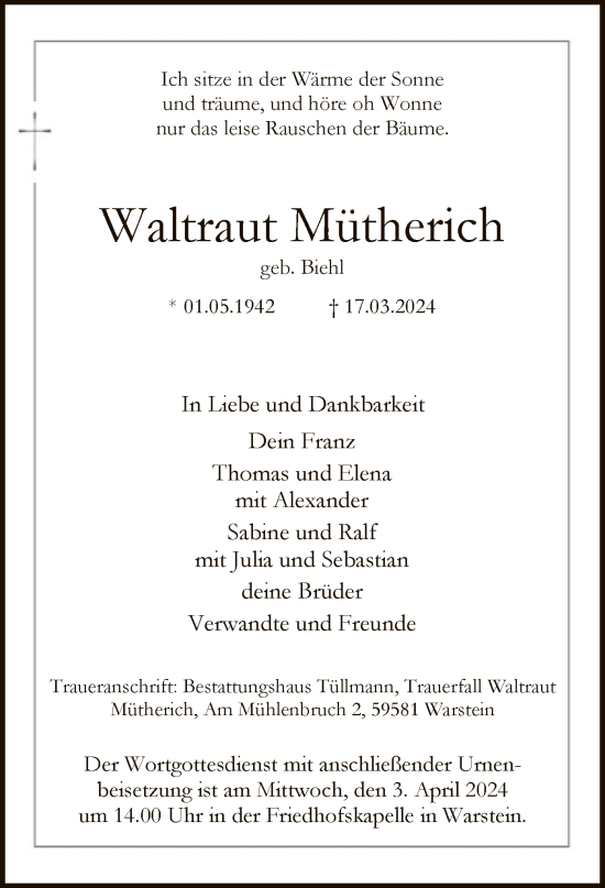 Todesanzeige von Waltraut Mütherich von WA