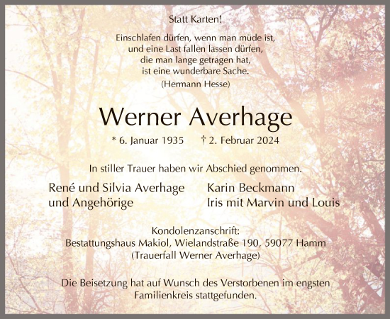 Todesanzeige von Werner Averhage von WA