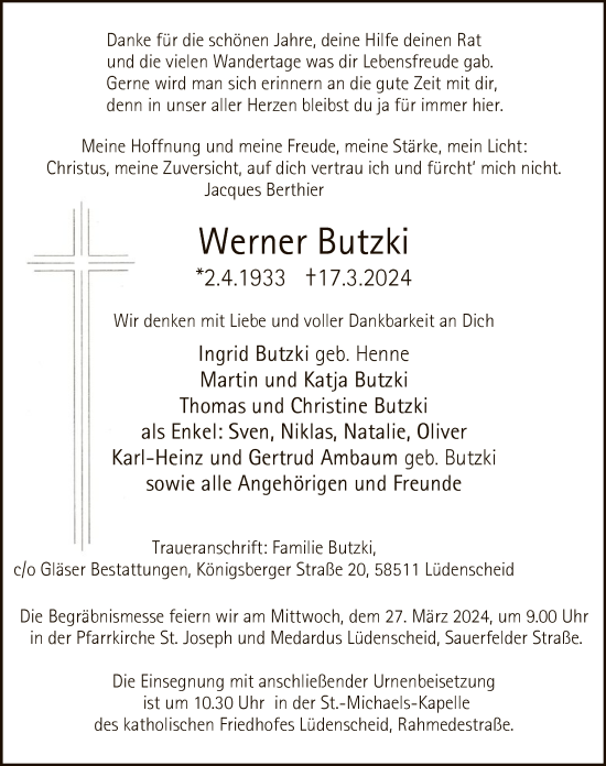 Todesanzeige von Werner Butzki von WA