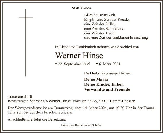 Todesanzeige von Werner Hinse von WA