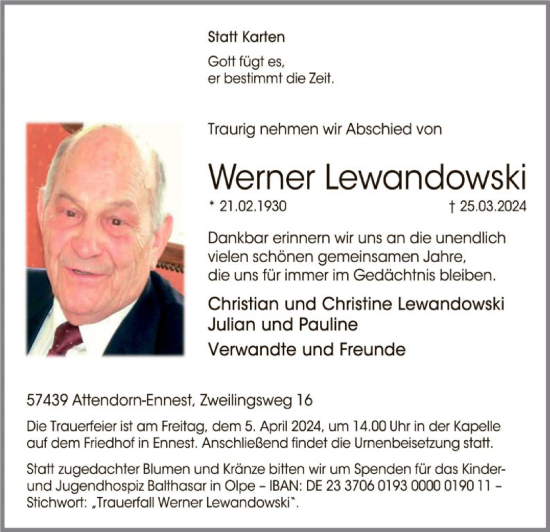 Todesanzeige von Werner Lewandowski von WA