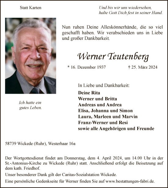 Todesanzeige von Werner Teutenberg von WA