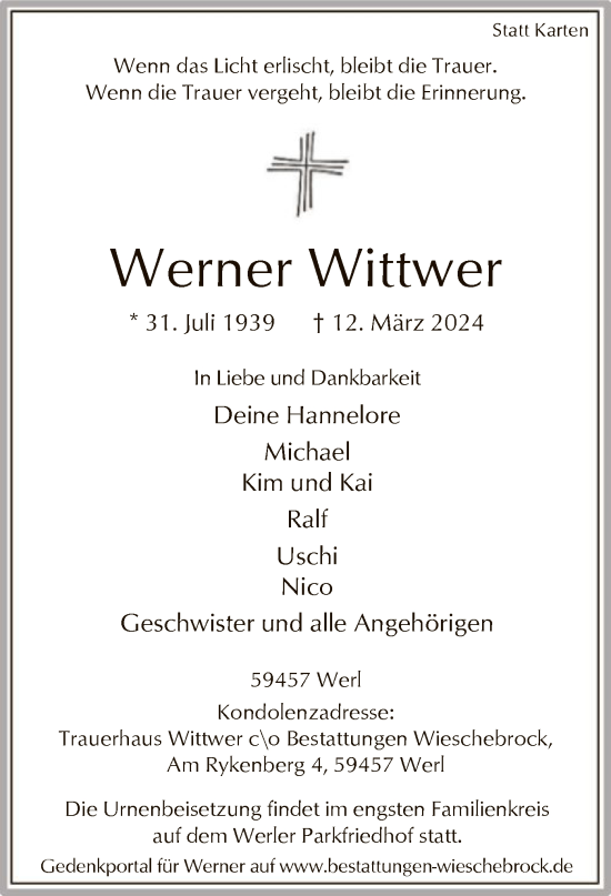 Todesanzeige von Werner Wittwer von WA