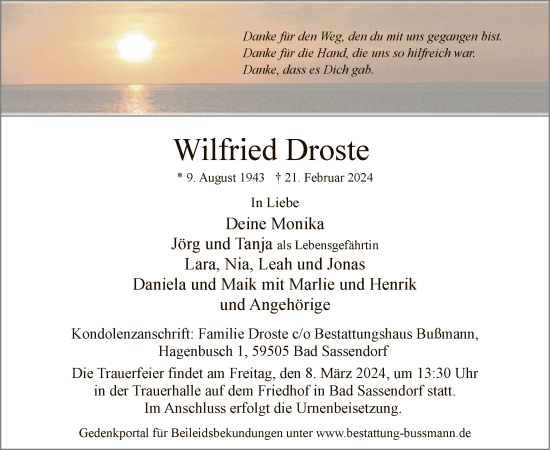 Todesanzeige von Wilfried Droste von WA