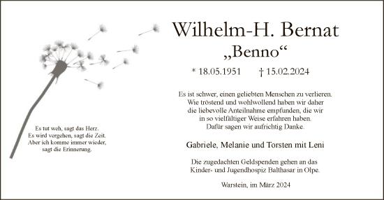 Todesanzeige von Wilhelm-H. Bernat von WA