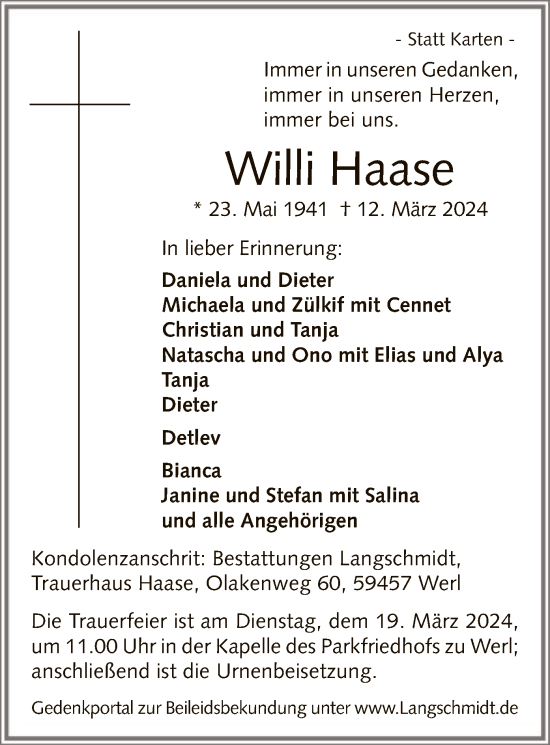 Todesanzeige von Willi Haase von WA