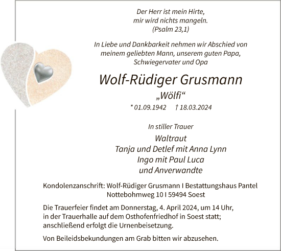 Todesanzeige von Wolf-Rüdiger Grusmann von WA