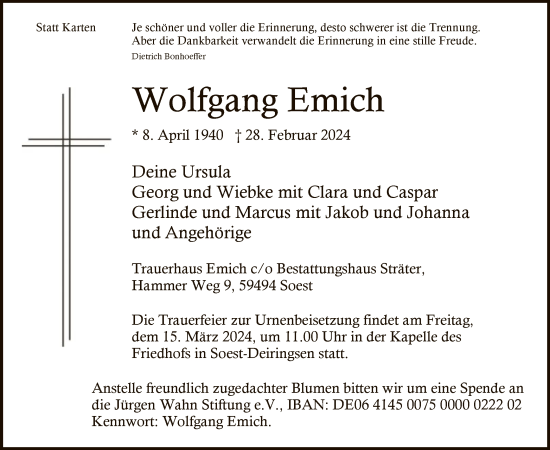 Todesanzeige von Wolfgang Emich von WA