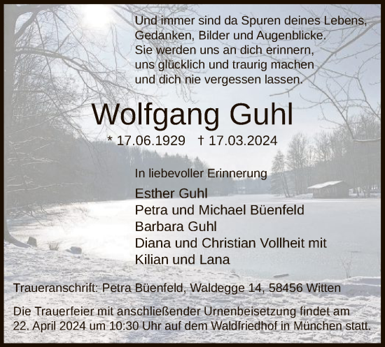 Todesanzeige von Wolfgang Guhl von WA