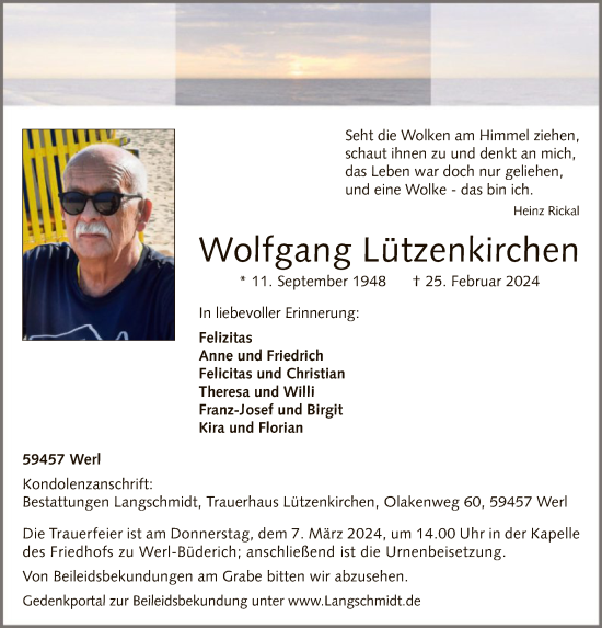 Todesanzeige von Wolfgang Lützenkirchen von WA