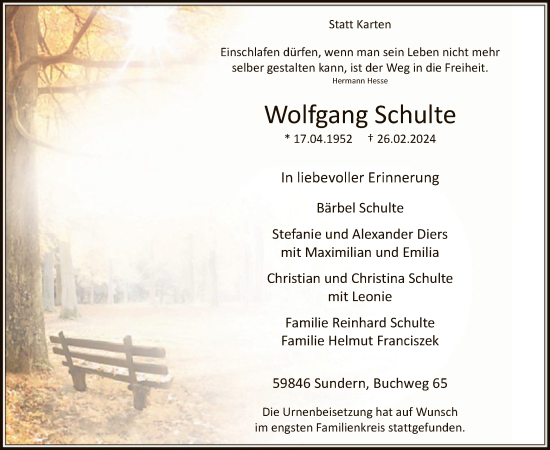 Todesanzeige von Wolfgang Schulte von WA
