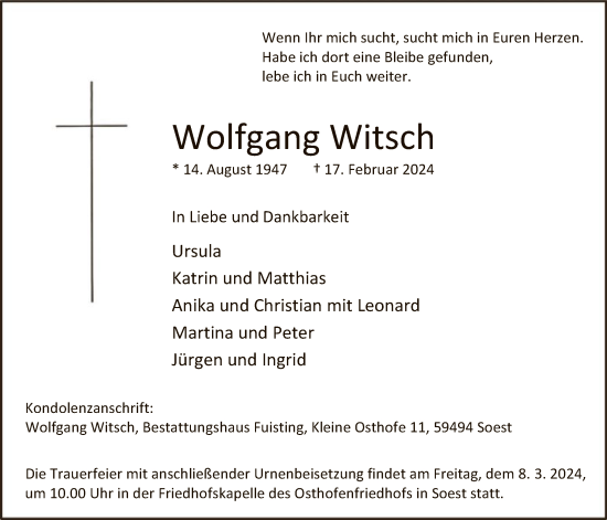 Todesanzeige von Wolfgang Witsch von WA