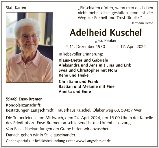 Todesanzeige von Adelheid Kuschel von WA