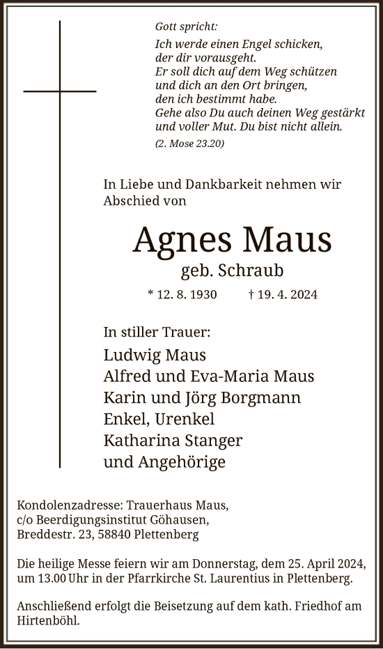 Todesanzeige von Agnes Maus von WA