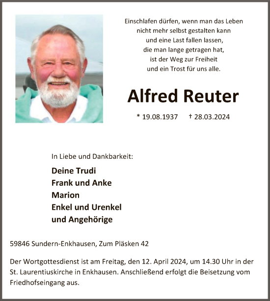 Todesanzeige von Alfred Reuter von WA