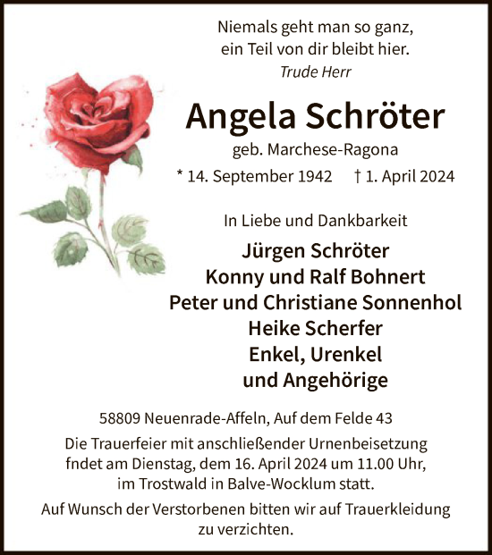 Todesanzeige von Angela Schröter von WA