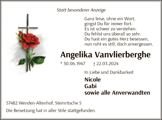 Todesanzeige von Angelika Vanvlierberghe von WA