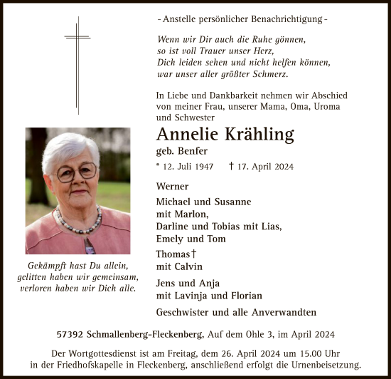 Todesanzeige von Annelie Krähling von WA