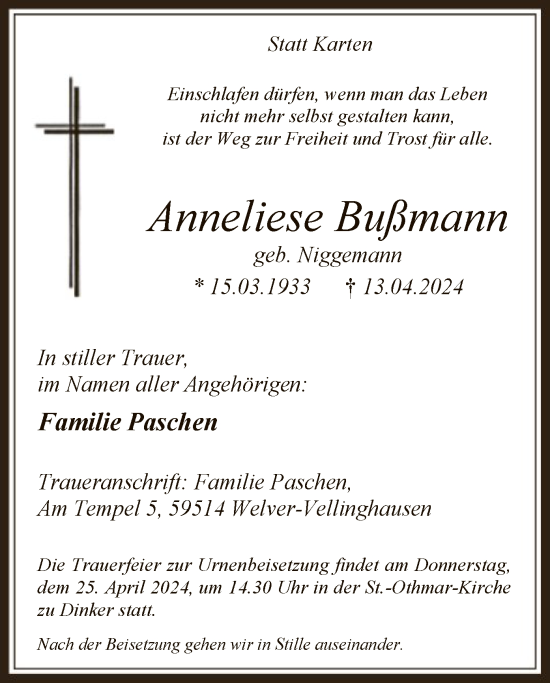 Todesanzeige von Anneliese Bußmann von WAWA