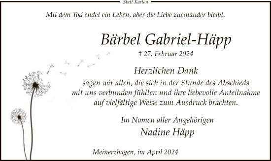 Todesanzeige von Bärbel Gabriel-Häpp von WA