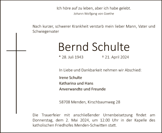 Todesanzeige von Bernd Schulte von WA
