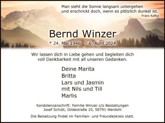 Todesanzeige von Bernd Winzer von WA