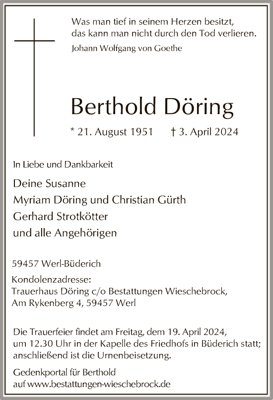 Todesanzeige von Berthold Döring von WA