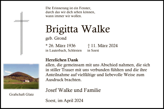 Todesanzeige von Brigitta Walke von WA