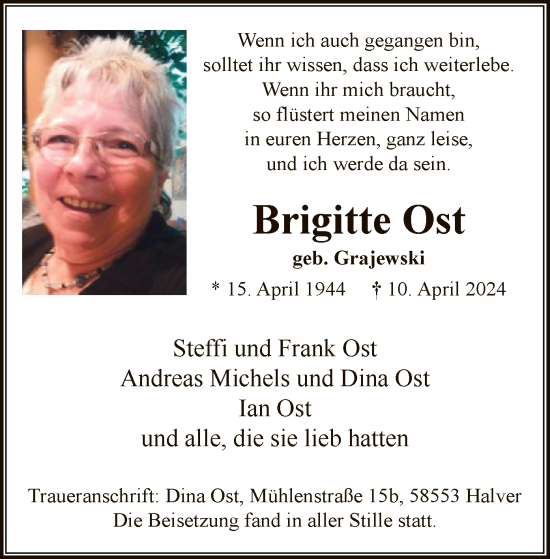 Todesanzeige von Brigitte Ost von WA