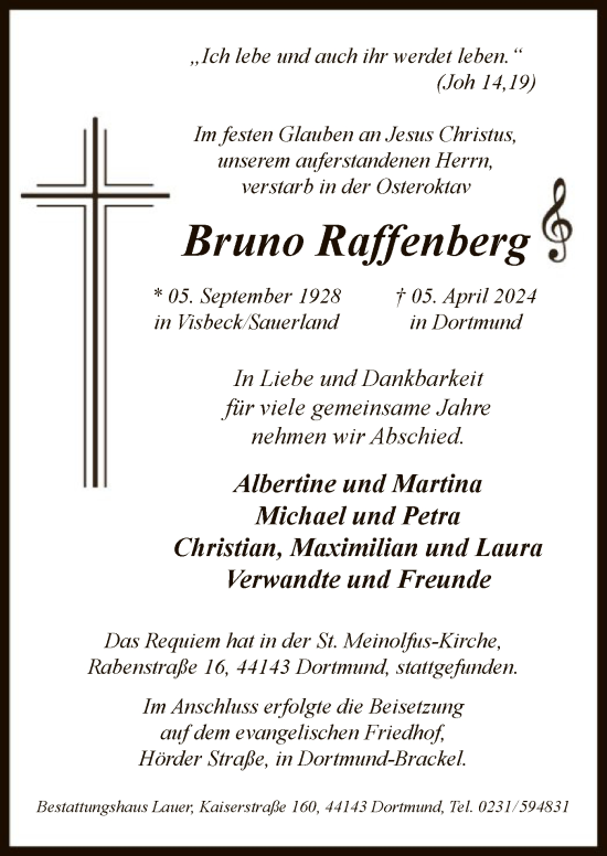 Todesanzeige von Bruno Raffenberg von WA