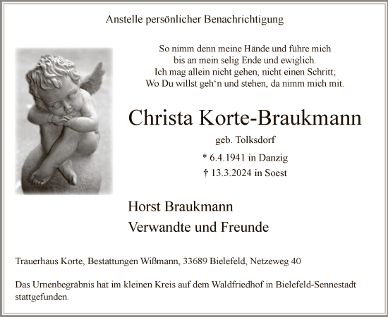 Todesanzeige von Christa Korte-Braukmann von WA