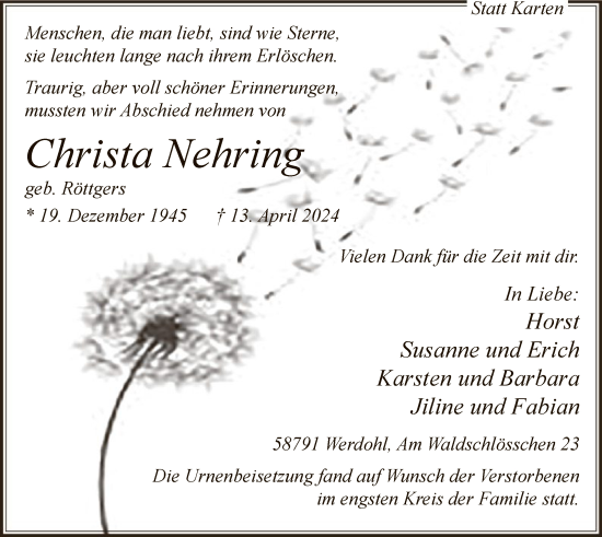 Todesanzeige von Christa Nehring von WA