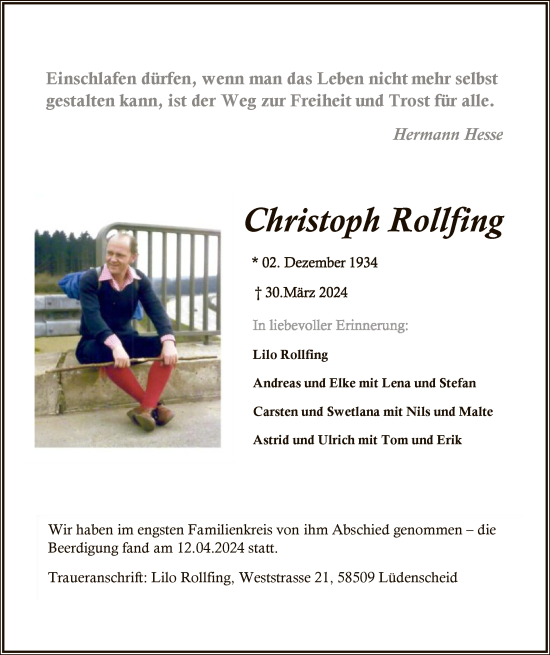 Todesanzeige von Christoph Rollfing von WA