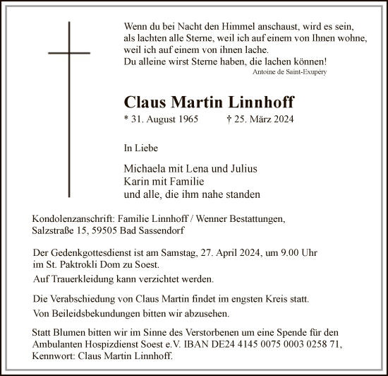 Todesanzeige von Claus Martin Linnhoff von WA