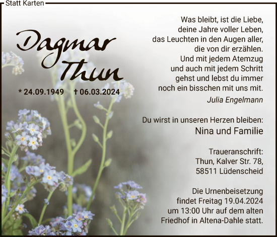 Todesanzeige von Dagmar Thun von WA