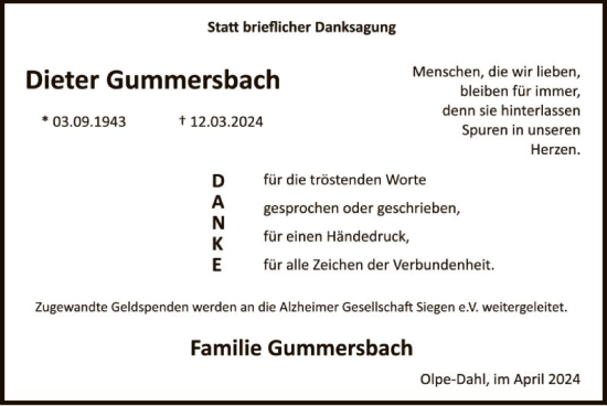 Todesanzeige von Dieter Gummersbach von WA