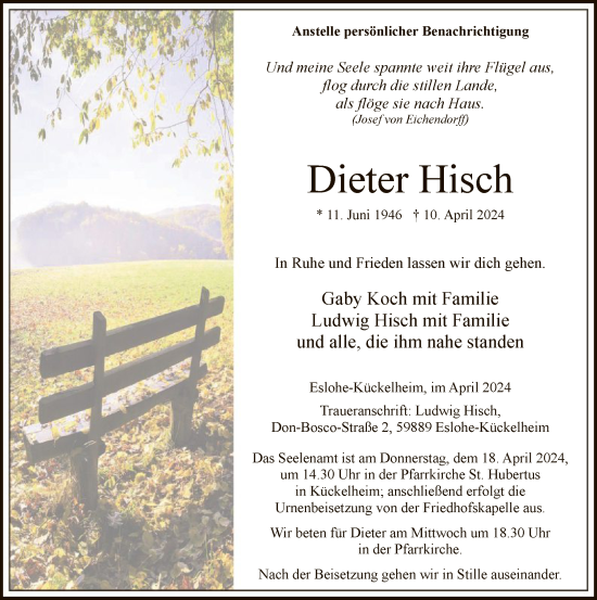 Todesanzeige von Dieter Hisch von WA