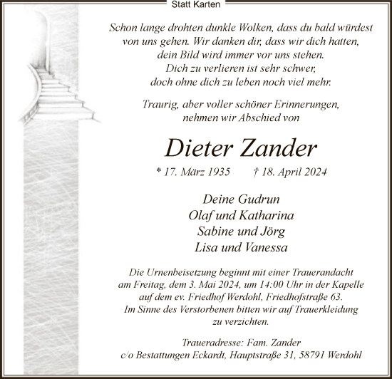 Todesanzeige von Dieter Zander von WA