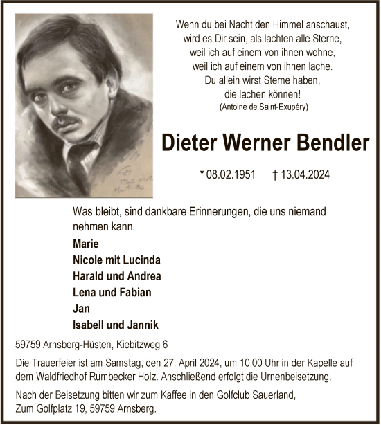 Todesanzeige von Dieter Werner Bendler von WA