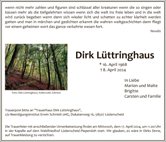 Todesanzeige von Dirk Lüttringhaus von WA