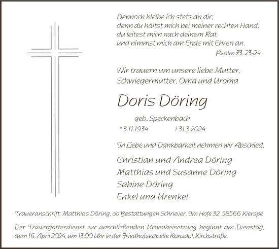 Todesanzeige von Doris Döring von WA