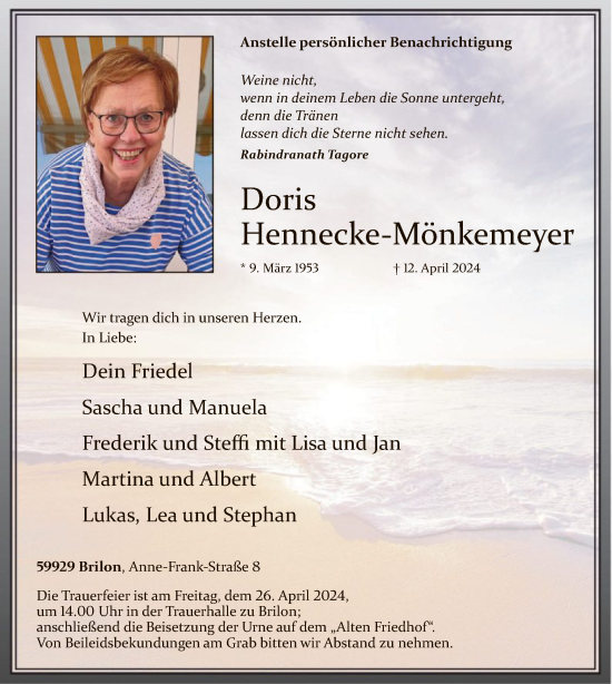 Todesanzeige von Doris Hennecke-Mönkemeyer von WA