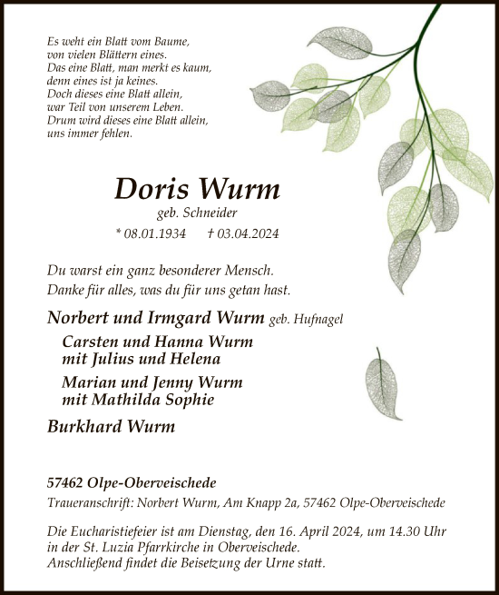 Todesanzeige von Doris Wurm von WA
