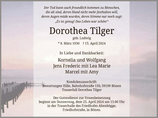 Todesanzeige von Dorothea Tilger von WA