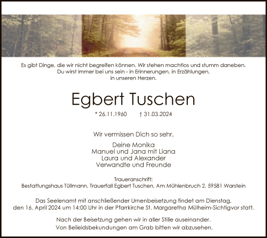 Todesanzeige von Egbert Tuschen von WA