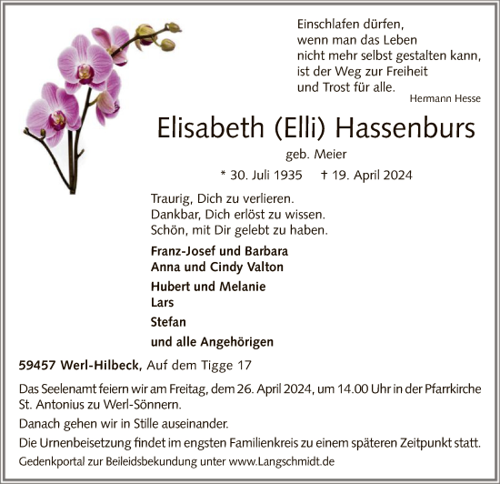 Todesanzeige von Elisabeth Hassenburs von WA